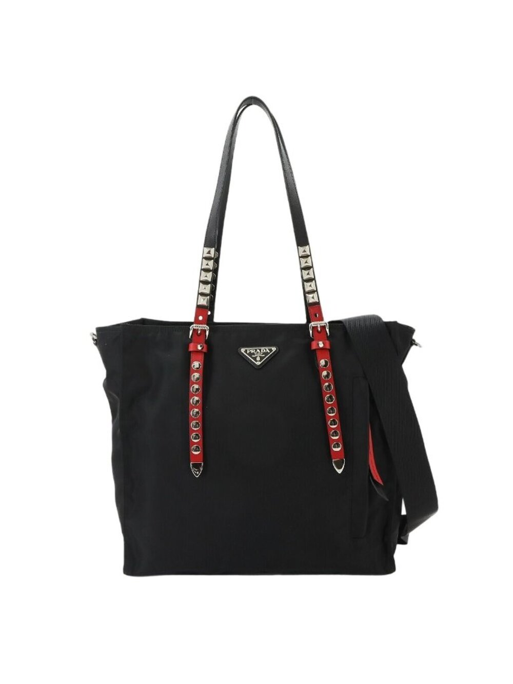 Prada 2-Way Tote Shoulder Bag Nylon Leather Black Red Silver